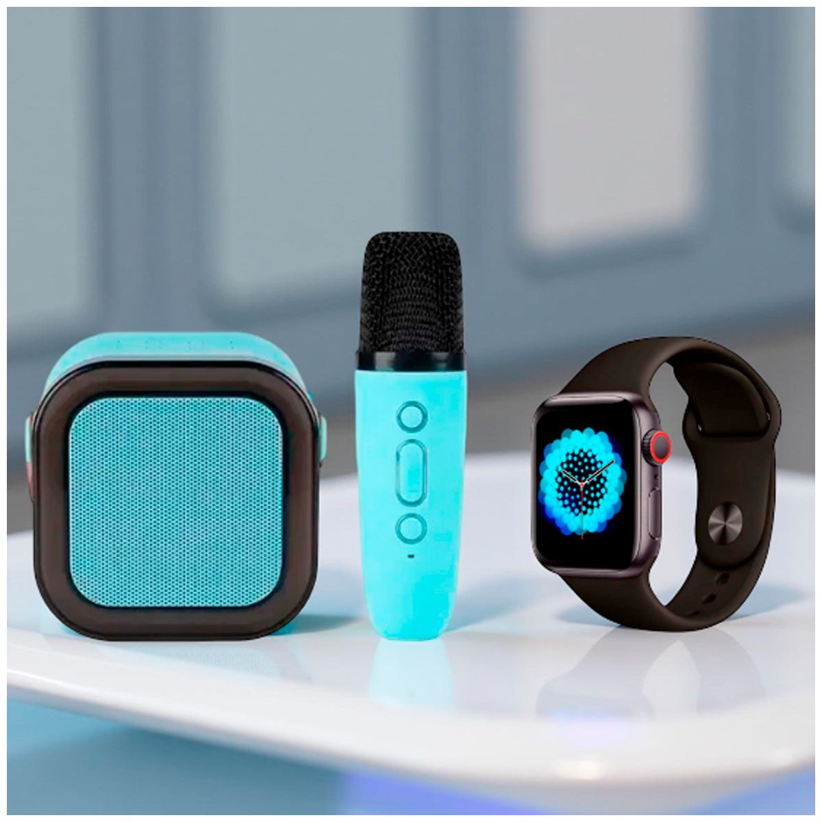 GENERICO - Combo parlante bluetooth con micrófono Celeste y smartwatch