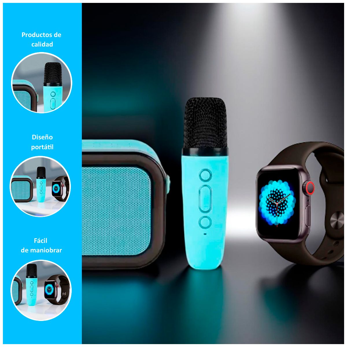 GENERICO - Combo parlante bluetooth con micrófono Celeste y smartwatch