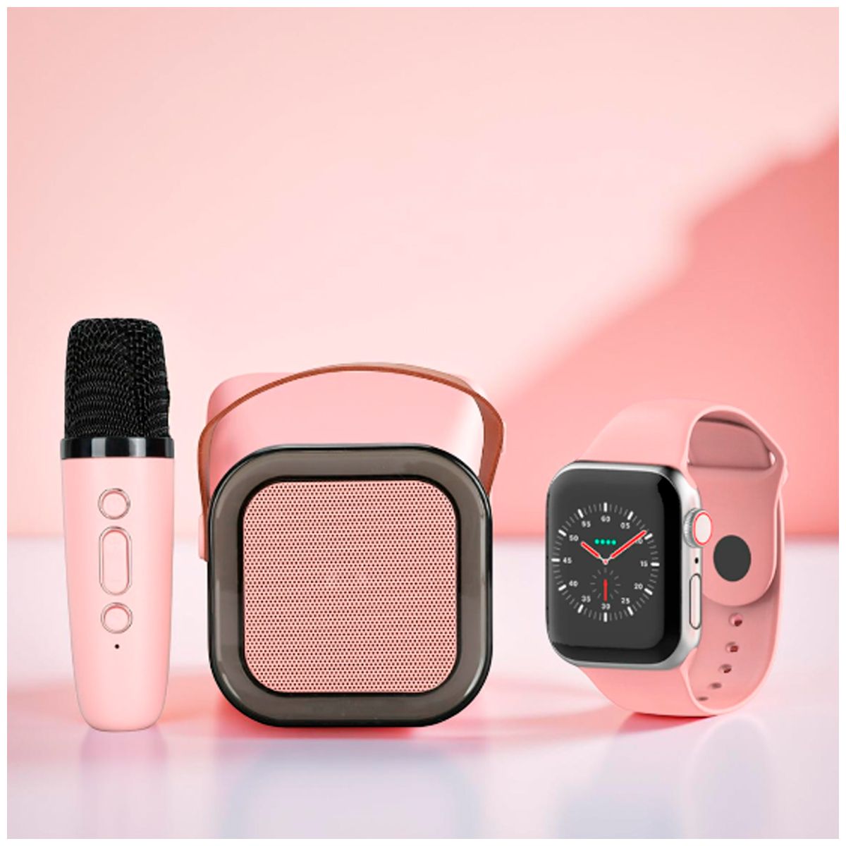 GENERICO - Combo parlante bluetooth con micrófono Rosado y smartwatch