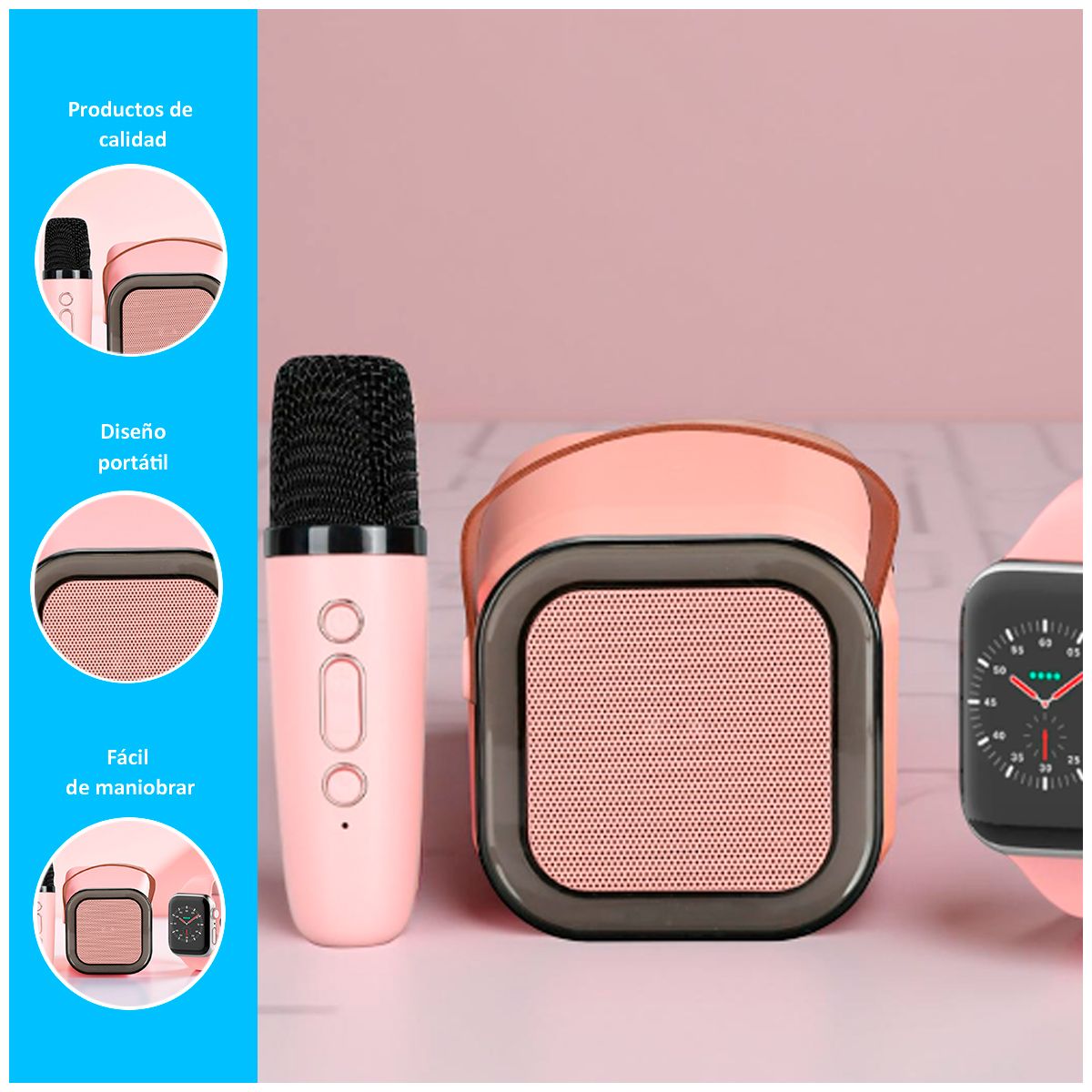 GENERICO - Combo parlante bluetooth con micrófono Rosado y smartwatch