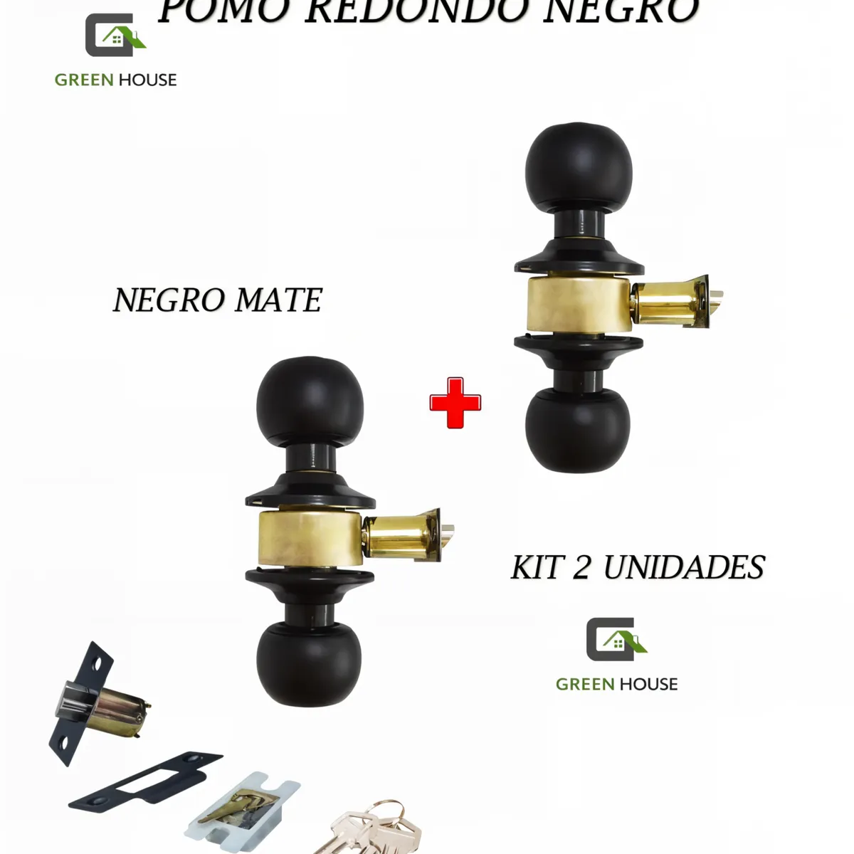 GREEN HOUSE - CHAPA CERRADURA DE PUERTA INTERIOR POMO REDONDO NEGRO ESFERA -  CON 3 LLAVES