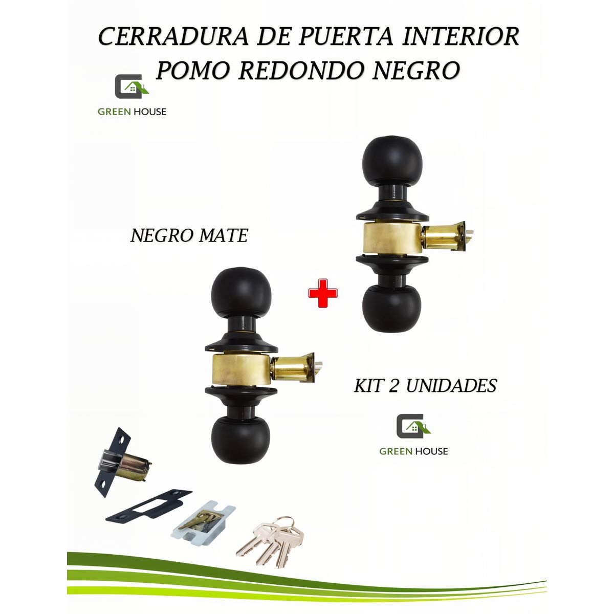 GREEN HOUSE - CHAPA CERRADURA DE PUERTA INTERIOR POMO REDONDO NEGRO ESFERA -  CON 3 LLAVES