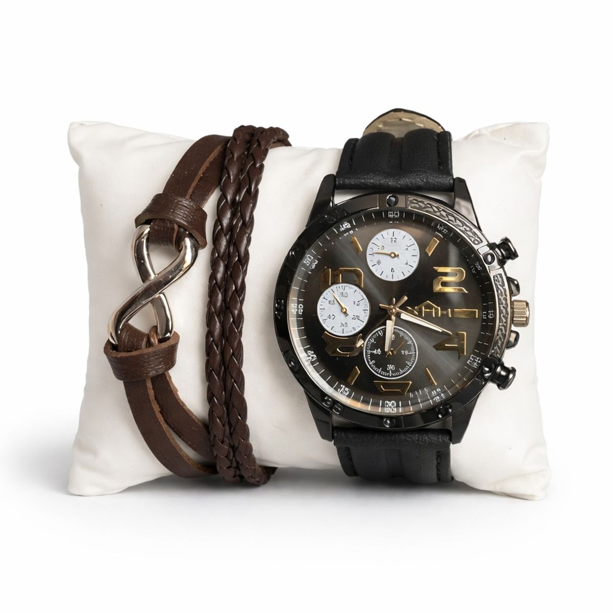 GENERICO - Reloj Masculino Cronógrafo Negro con Pulsera de Cuero  Set Elegante para Hombre