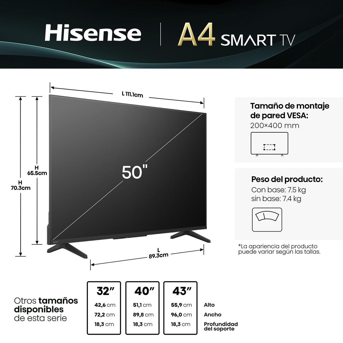 HISENSE - TELEVISOR HISENSE 50 50A4NV SMART TV VIDAA FHD LED 2025