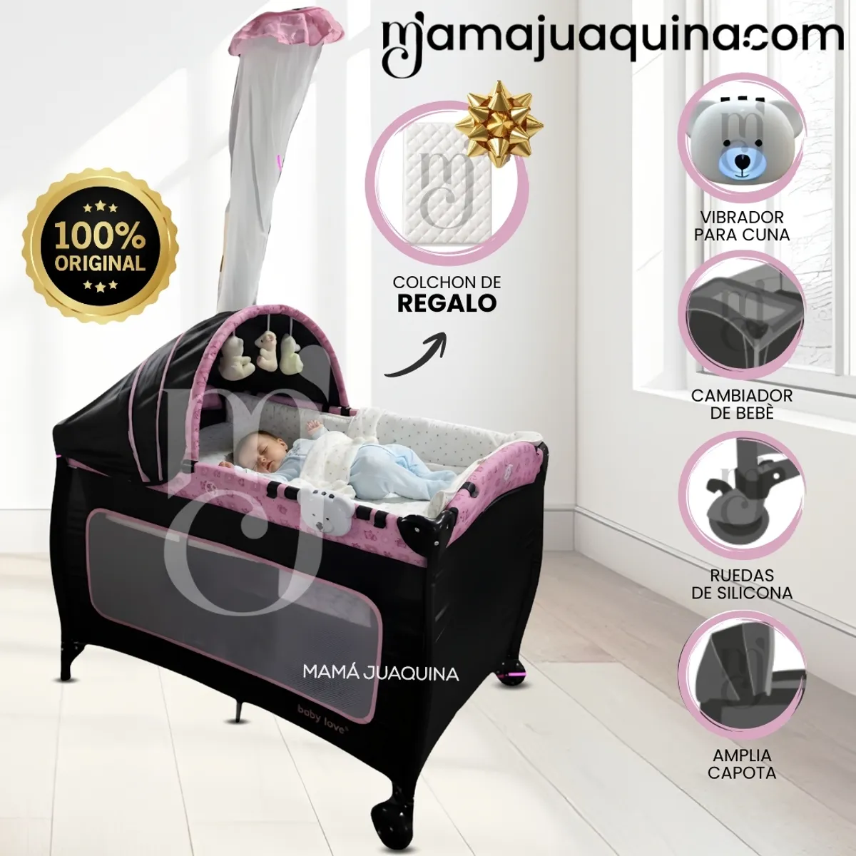 Baby - Cuna Corral de Lujo «ORIA» con Mecedora Movil Pink