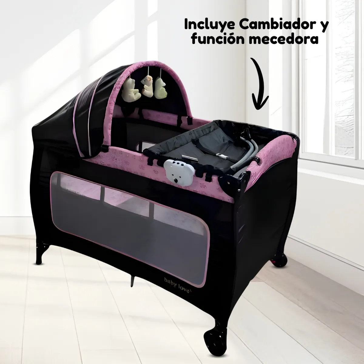 Baby - Cuna Corral de Lujo «ORIA» con Mecedora Movil Pink
