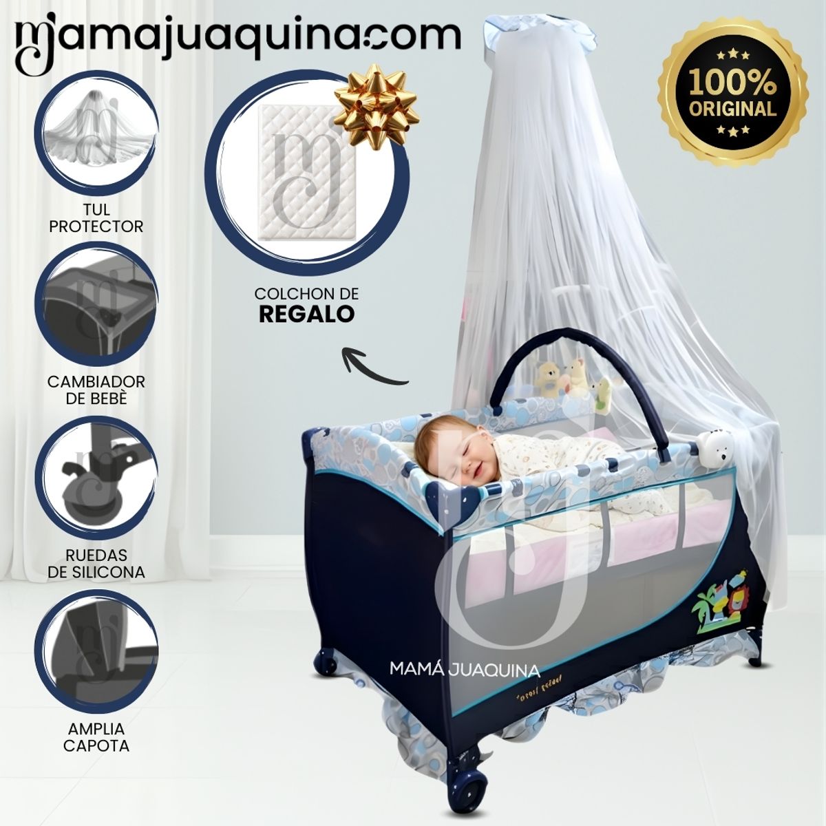 BABY - Cuna Corral de Lujo «ORIANE» con Mecedora Movil Blue
