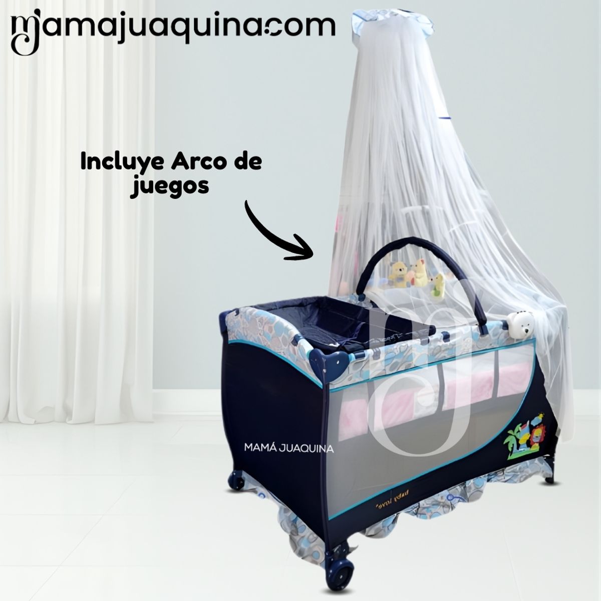 BABY - Cuna Corral de Lujo «ORIANE» con Mecedora Movil Blue