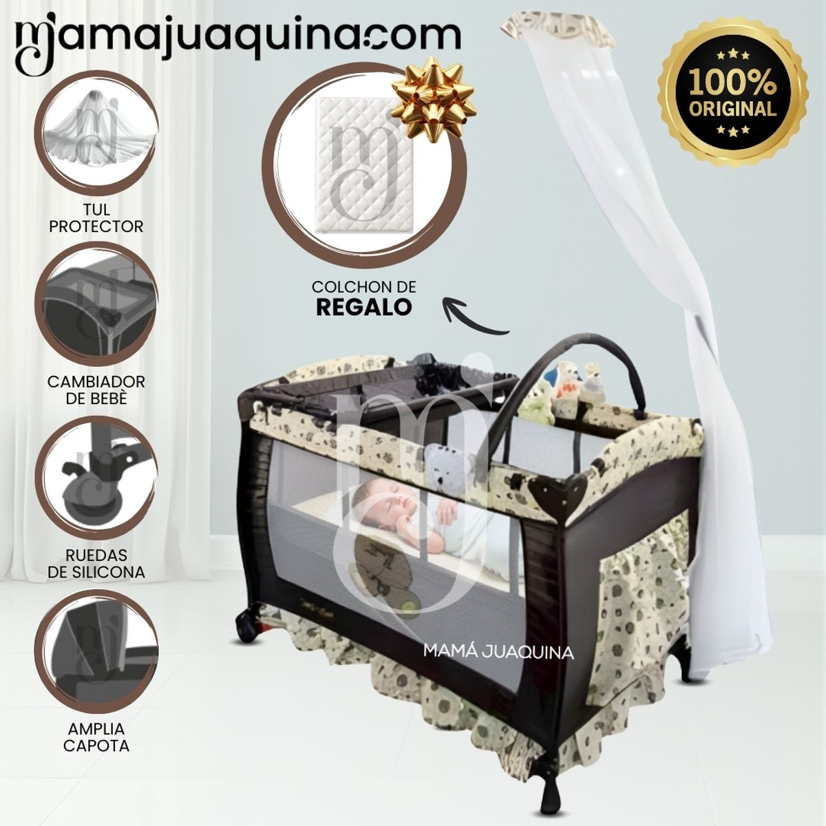 BABY - Cuna Corral de Lujo «ORIANE» con Mecedora Movil Beige