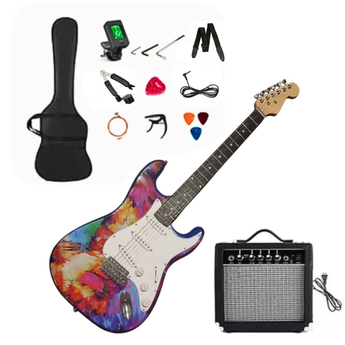 GENERICO - KIT DE GUITARRA ELECTRICA MULTICOLOR SICODELICA CON ACCESORIOS Y AMPLIFICADOR