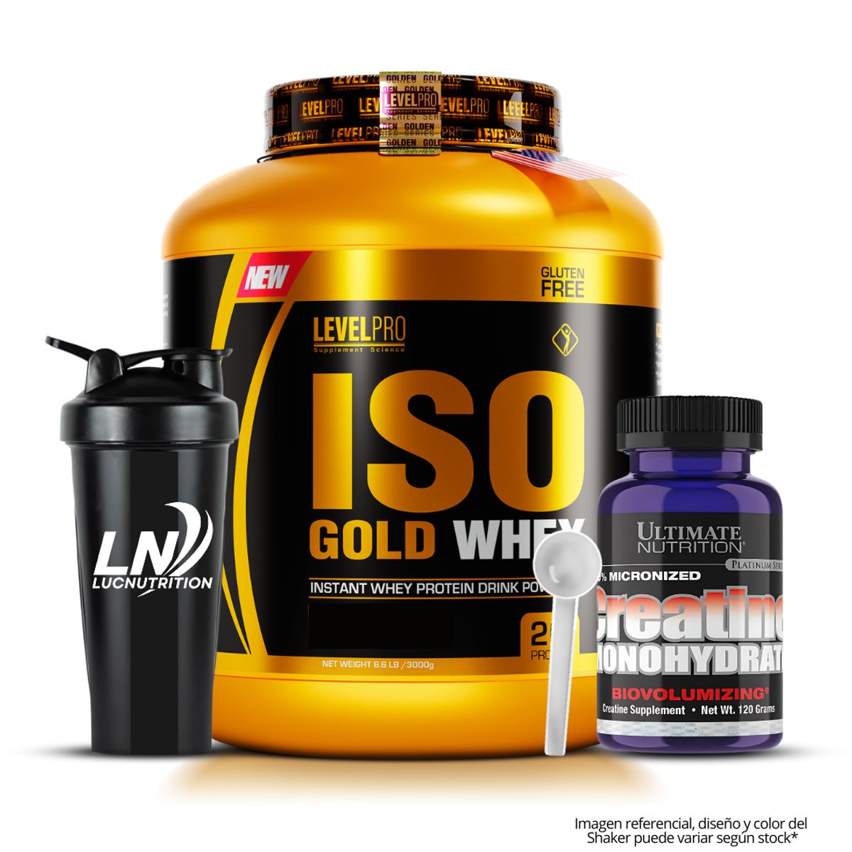LEVEL PRO - Iso Gold Whey 3 kg Proteina Isolatada - Vainilla + Creatina Ultimate Nutrition 120 g + Shaker