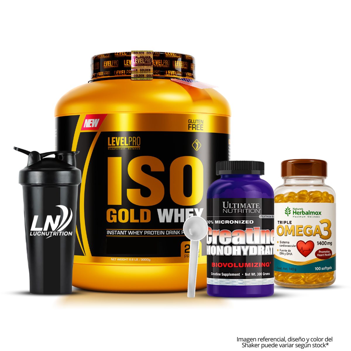 LEVEL PRO - Iso Gold Whey 3 kg - Chocolate + Creatina Ultimate Nutrition 300 g + Omega 3 Herbalmax 100 cápsulas + shaker + Scoop