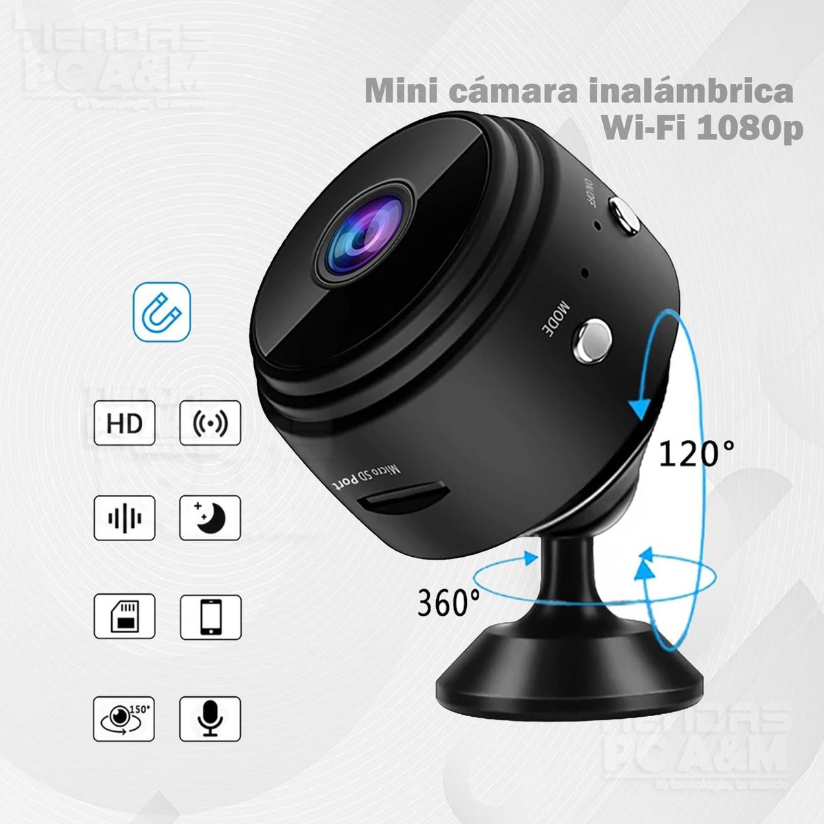 GENERICO - Mini cámara inalámbrica Wi-Fi 1080p  Detección de movimiento modo nocturno batería incorporada