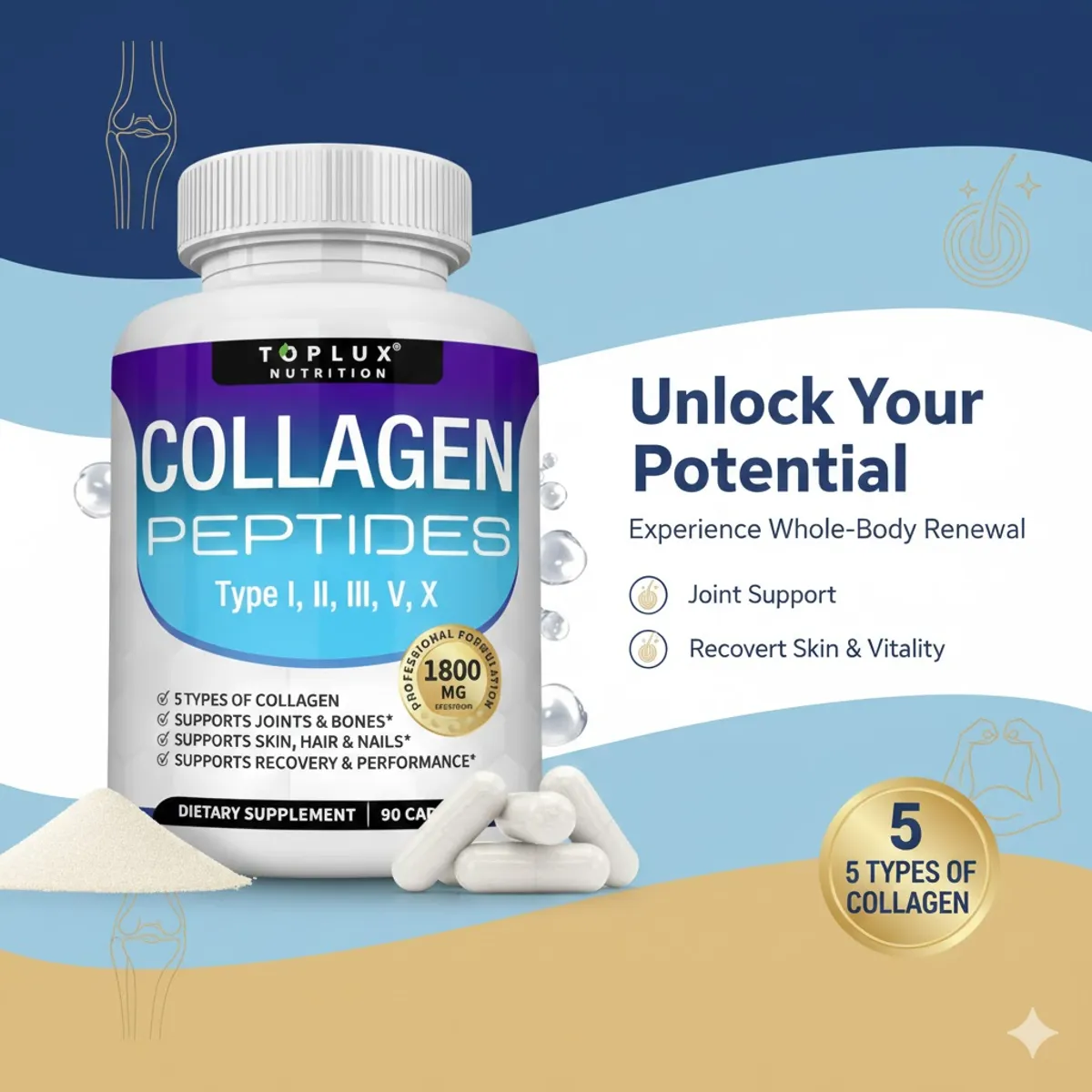 GENERICO - Colageno Peptides, Type I, II, III, V, X - 90 capsulas