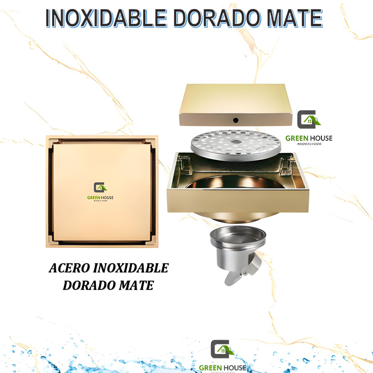 GREEN HOUSE - SUMIDERO REVERSIBLE 10x10cm ANTIOLOR ACERO INOXIDABLE DORADO MATE