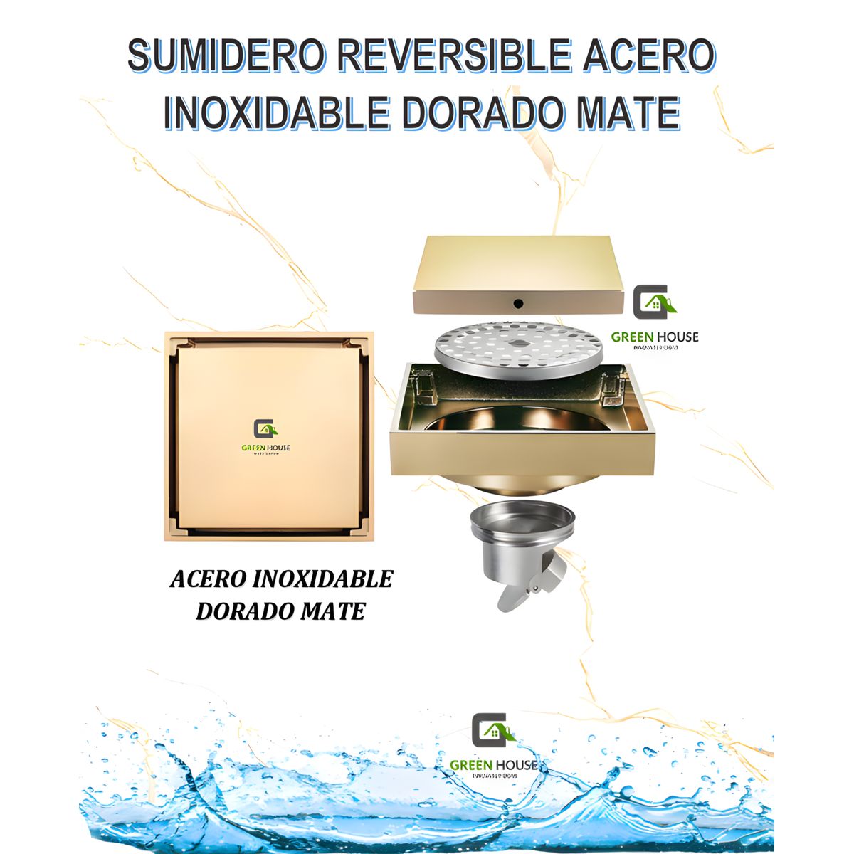 GREEN HOUSE - SUMIDERO REVERSIBLE 10x10cm ANTIOLOR ACERO INOXIDABLE DORADO MATE