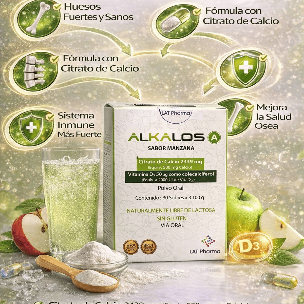 GENERICO - Alkalos LAT Pharma - Citrato De Calcio + Vitamina D3 30 Sobres Polvo