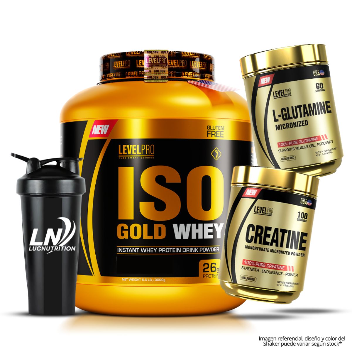 LEVEL PRO - Iso Gold Whey 3 Kg - Chocolate + Creatina Level Pro 250 g + Glutamina Level Pro 150 g + Shaker