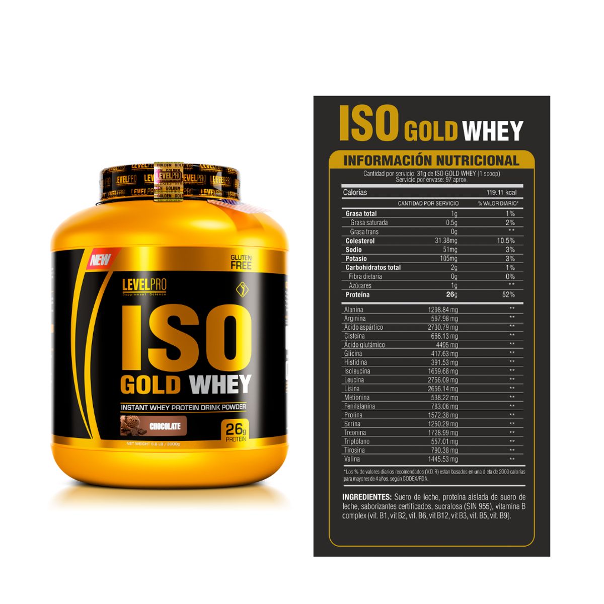 LEVEL PRO - Iso Gold Whey 3 Kg - Chocolate + Creatina Level Pro 250 g + Glutamina Level Pro 150 g + Shaker
