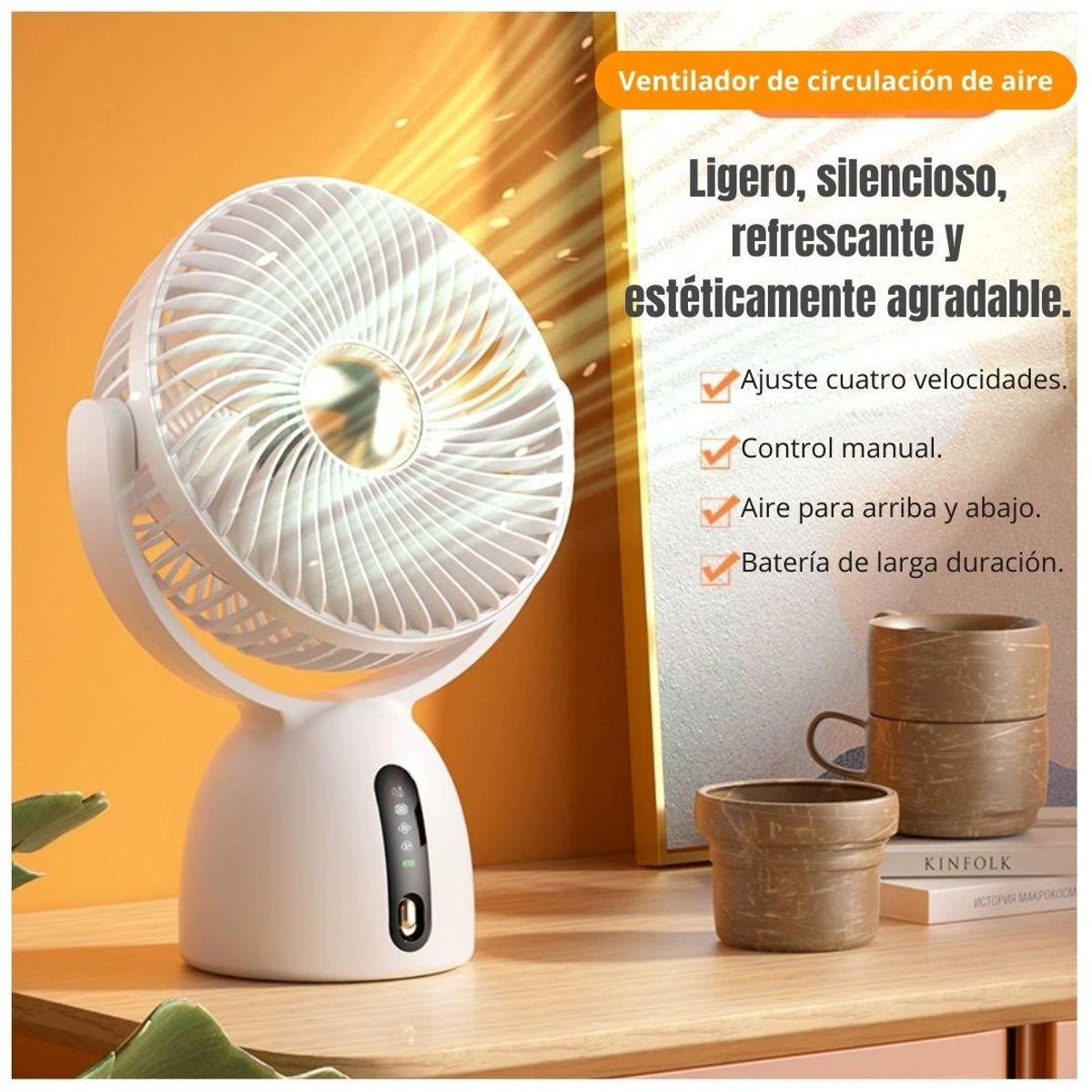 GENERICO - Ventilador de Escritorio USB Recargable con 4 Velocidades, Motor Silencioso y Ángulo Ajustable