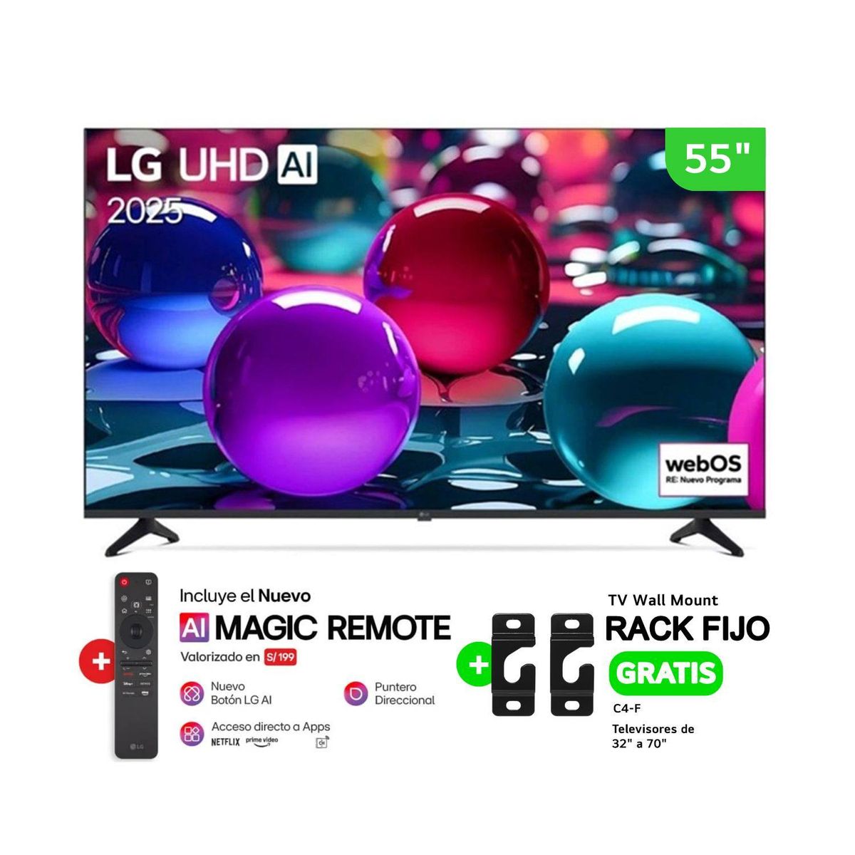 LG - TELEVISOR LG 55” UHD 4K THINQ AI 55UA7300PSB SMART TV 2025 + LG AI MAGIC REMOTE Y RACK FIJO GRATIS