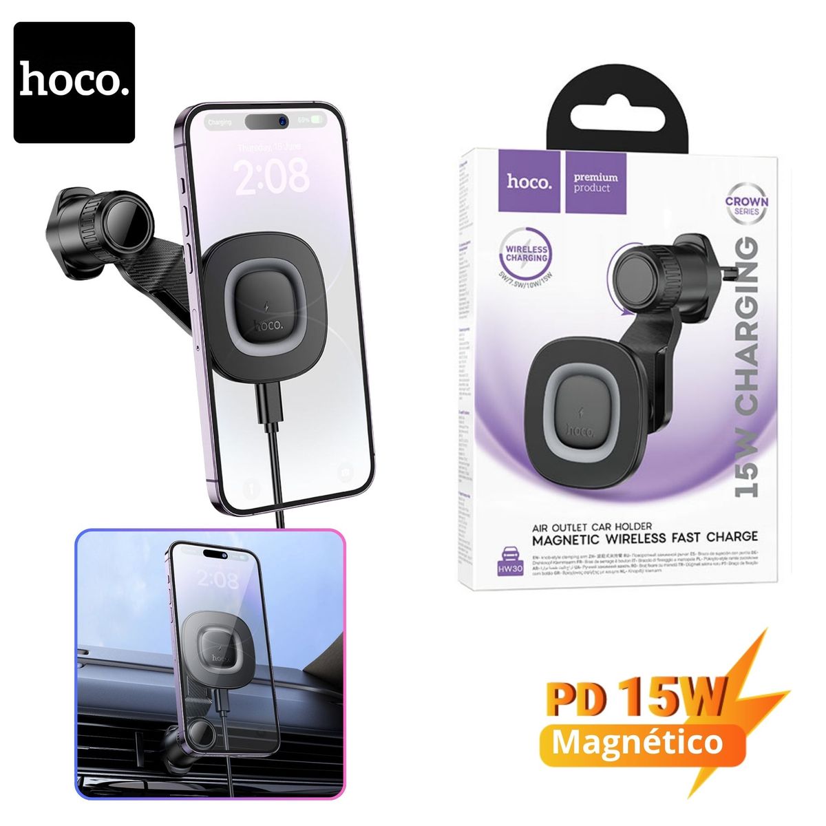 HOCO - Holder Cargador Inalambrico Magnética 15W para Auto Compatible con MagSafe y Rejilla de Aire
