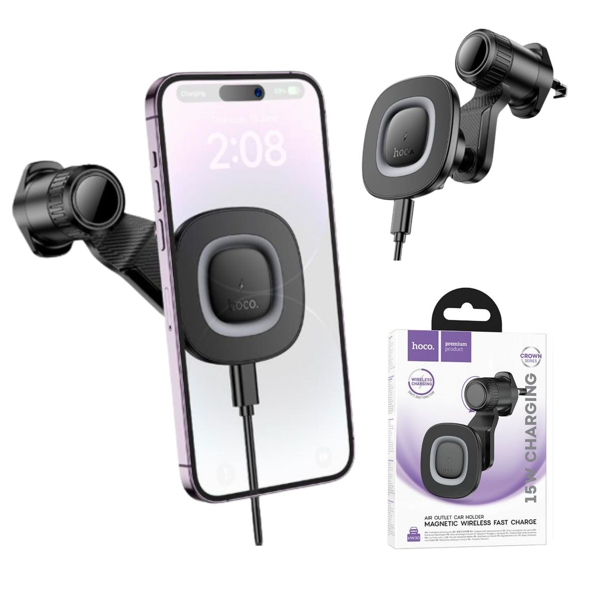 HOCO - Holder Cargador Inalambrico Magnética 15W para Auto Compatible con MagSafe y Rejilla de Aire