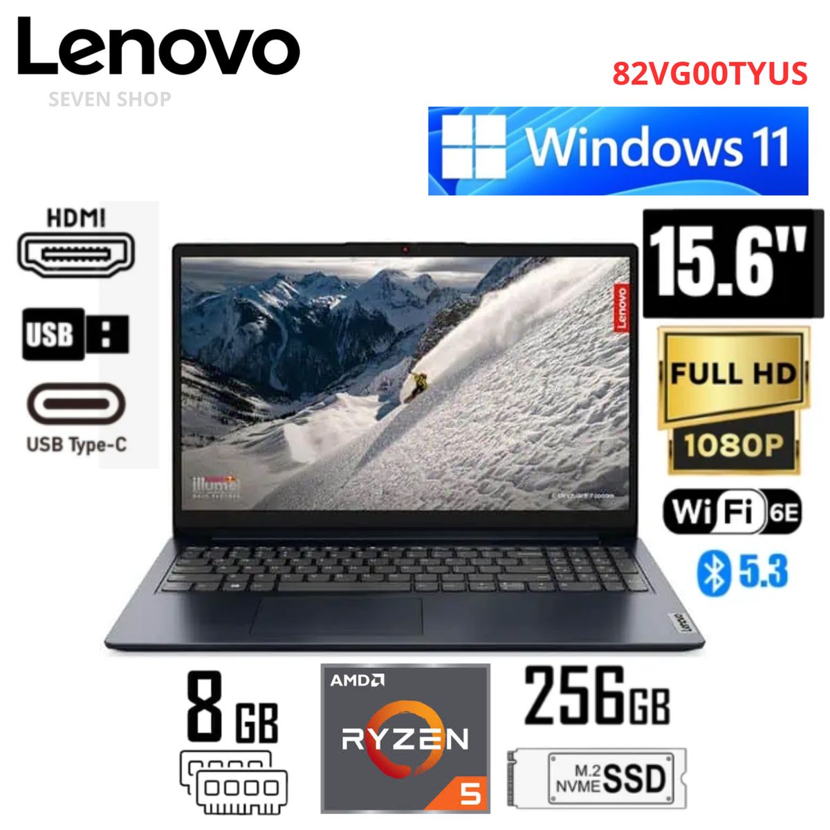 LENOVO - LENOVO IdeaPad 1 15AMN7 AMD Ryzen 5 7520U 256GB  8GB 15.6   WIN11 ABYSS BLUE