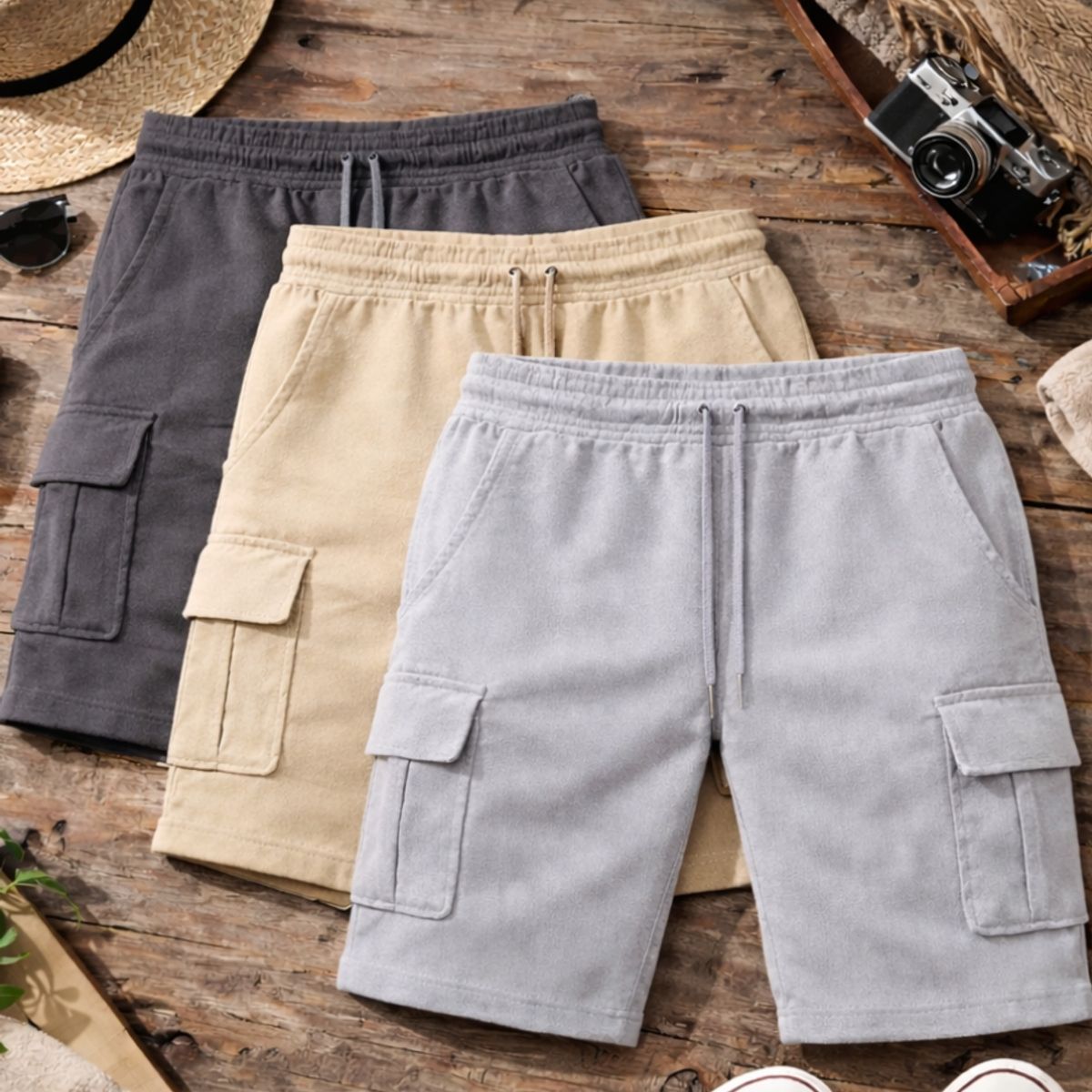 ENKI - SHORT CARGO HOMBRE ENKI PACK X3 ALGODÓN WAFFLE PLOMO BEIGE GRIS