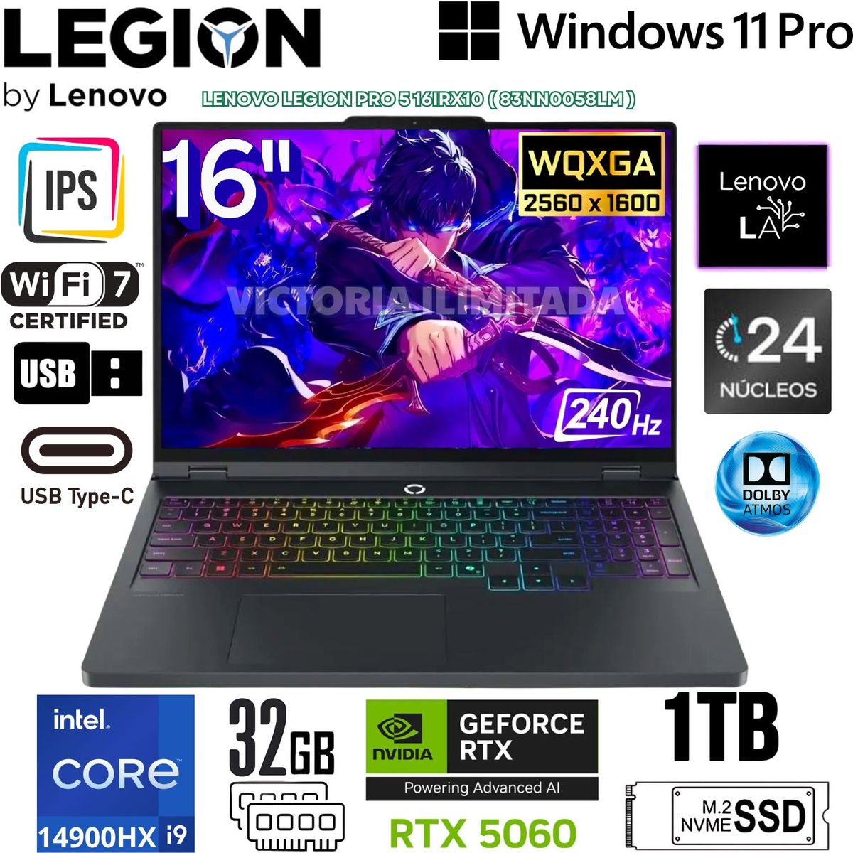 LENOVO - Laptop Lenovo Legion Pro 5 16IRX10 Intel Core i9 14900HX 32GB RAM 1TB SSD RTX 5060-8GB 16" WQXGA