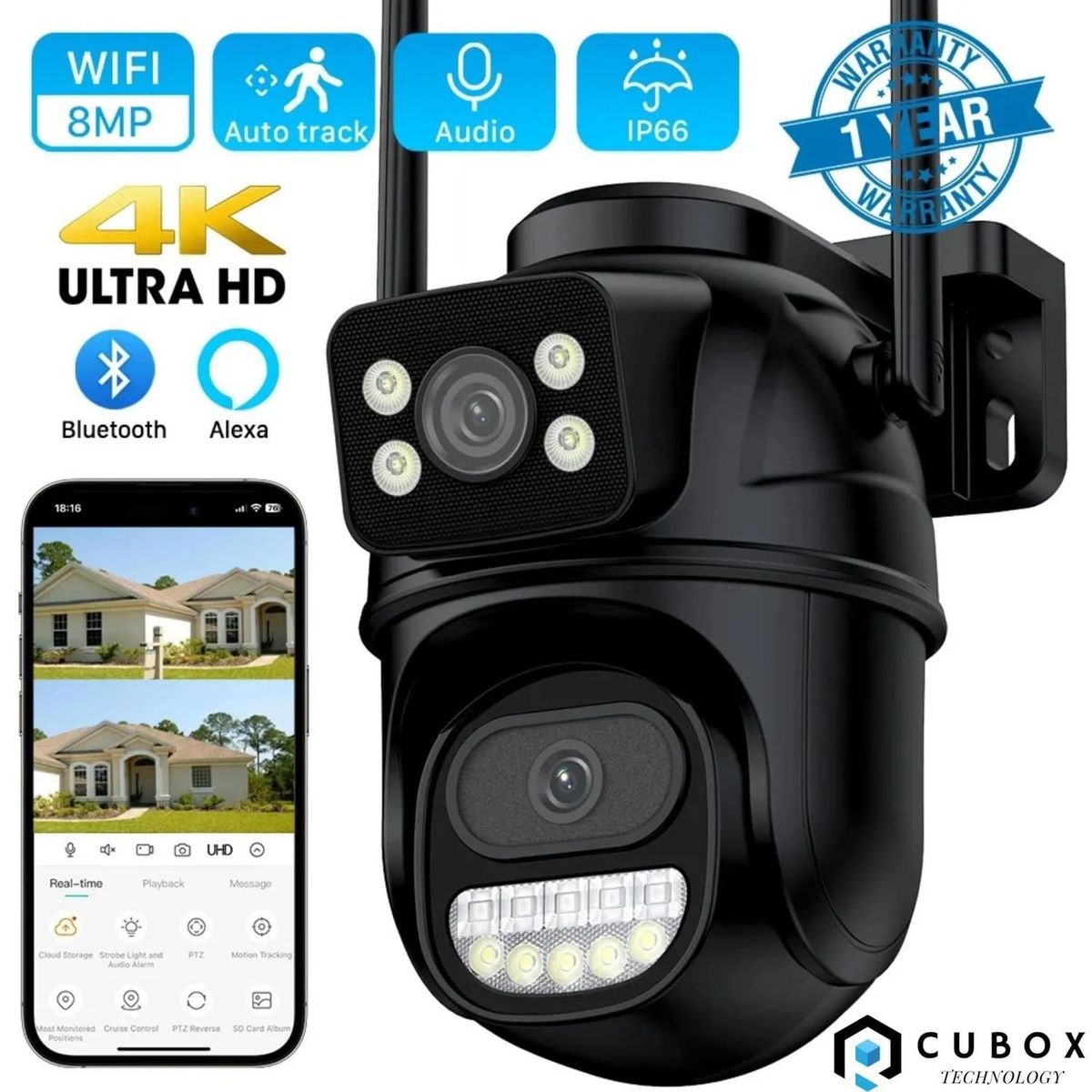 OEM - Camara de Seguridad WIFI PTZ Doble Lente 360 Exterior Alarma