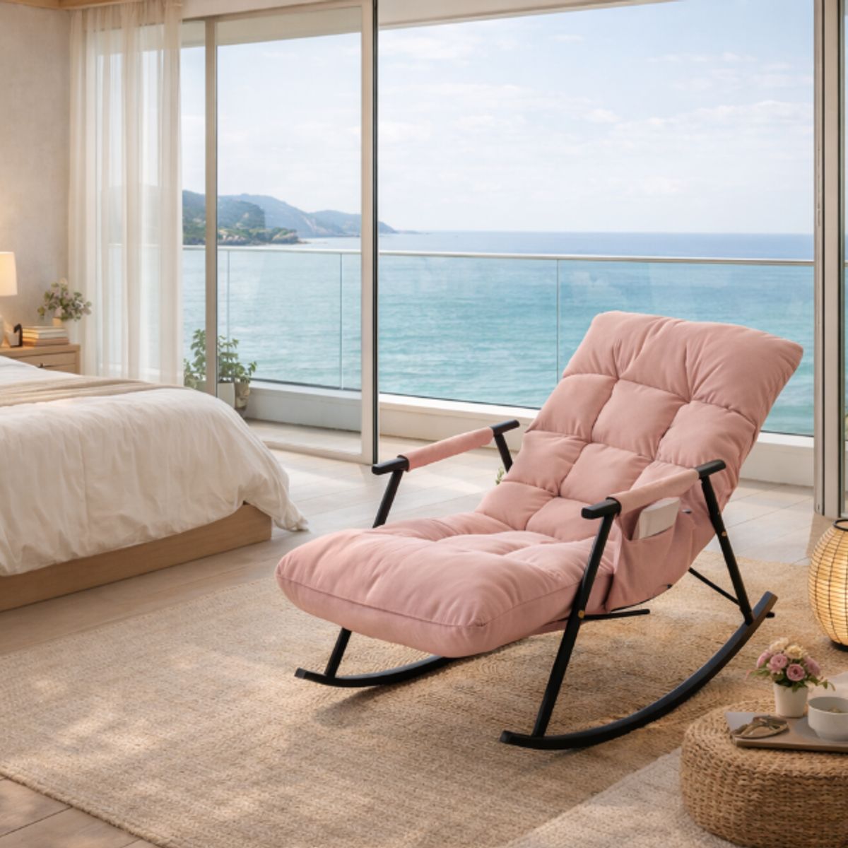 GENERICO - SILLA SILLÓN PREMIUM SOFÁ MECEDORA RECLINABLE TERRAZA ROSADO ACERO AL CARBONO