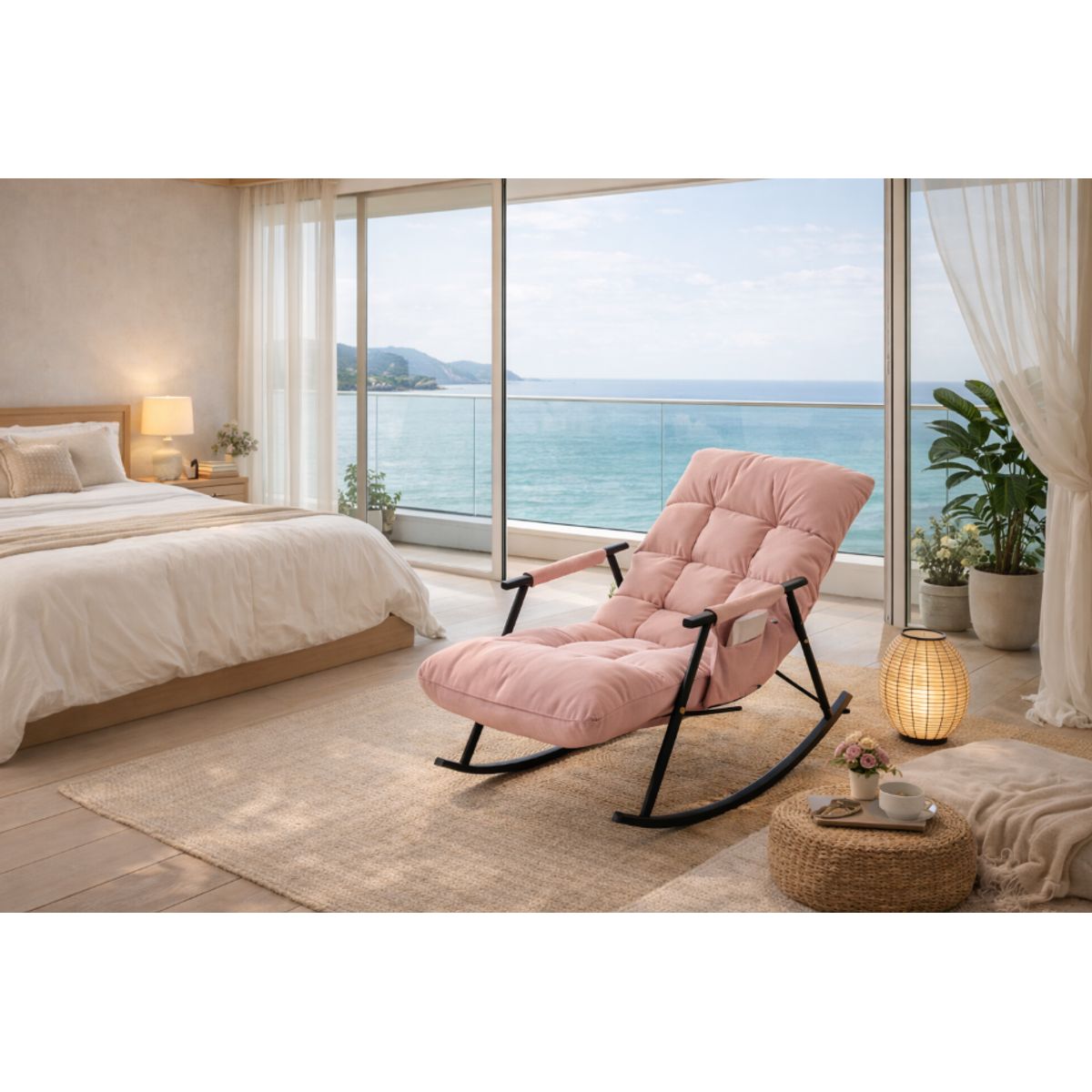 GENERICO - SILLA SILLÓN PREMIUM SOFÁ MECEDORA RECLINABLE TERRAZA ROSADO ACERO AL CARBONO