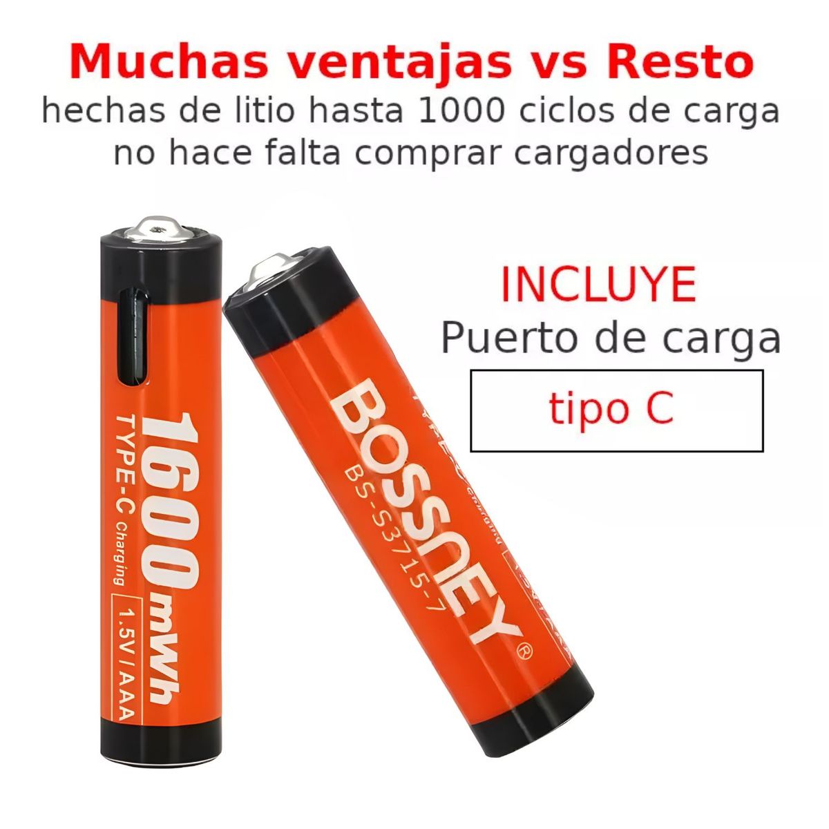 GENERICO - Pilas AAA Recargables USB Tipo C 15V Bossney 1600mWh