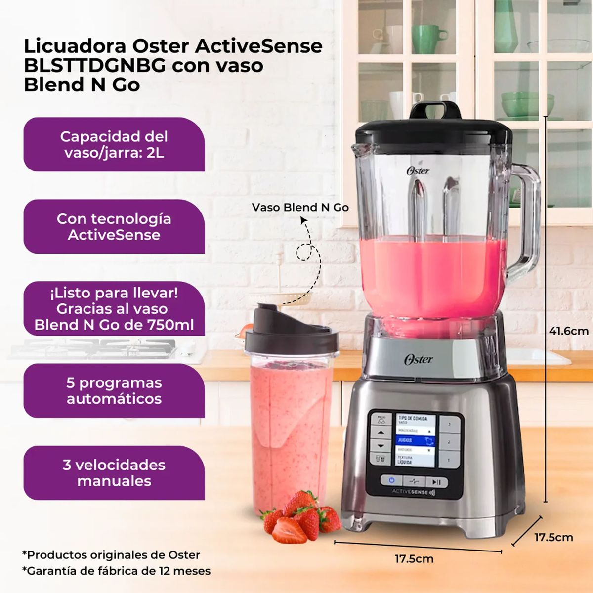 OSTER - Licuadora Oster Activesense Blsttdgnbg Con vaso Blend N Go - Color Gris