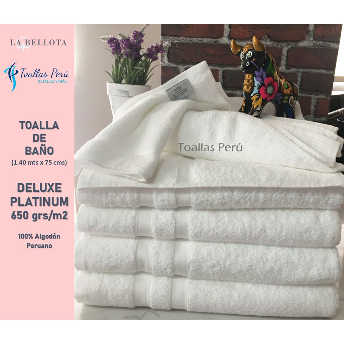 LA BELLOTA - TOALLA DELUXE PLATINUM "La Bellota"  - BAÑO - 650 grs/m2 - mide: 75×140 cm Blanca