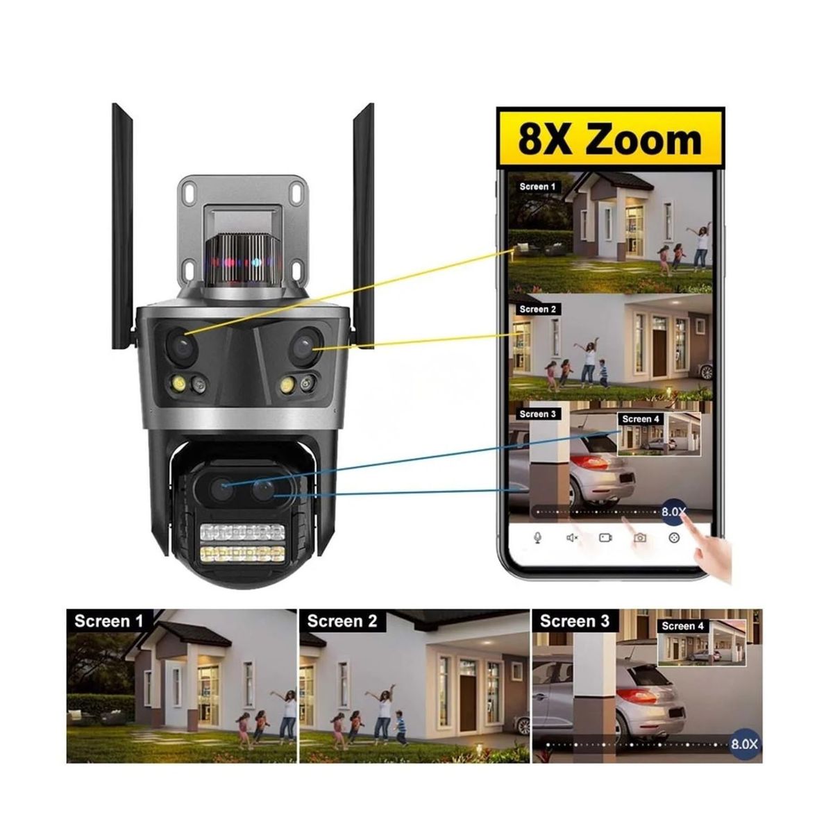 OEM - CAMARA WIFI 360° IP 66 CON TRIPLE LENTE CON ZOOM OPTICO ALARMA CON SIRENA