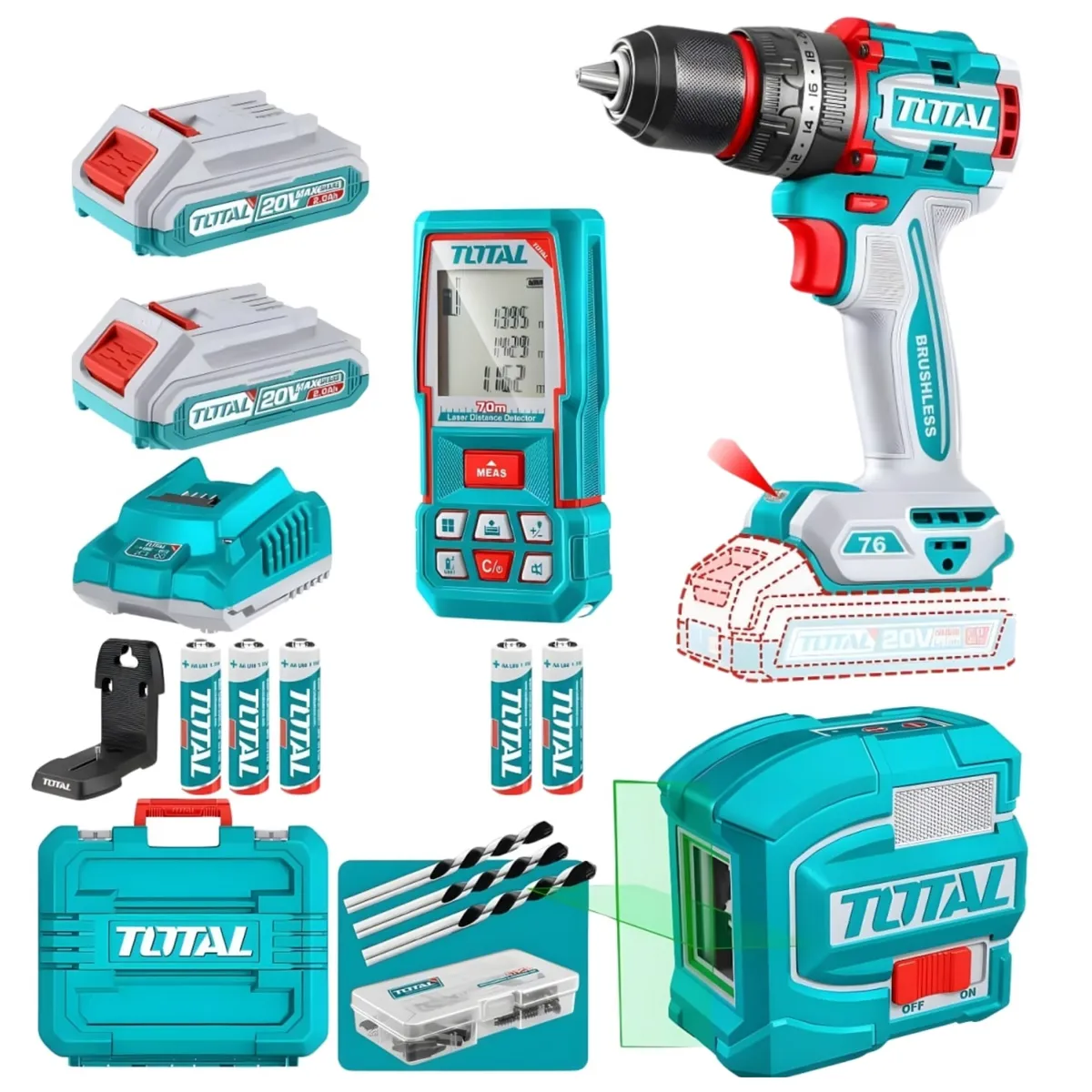 TOTAL - Combo Taladro percutor inalámbrico Brushless 76Nm + Nivel láser + Wincha Láser TOSLI250511