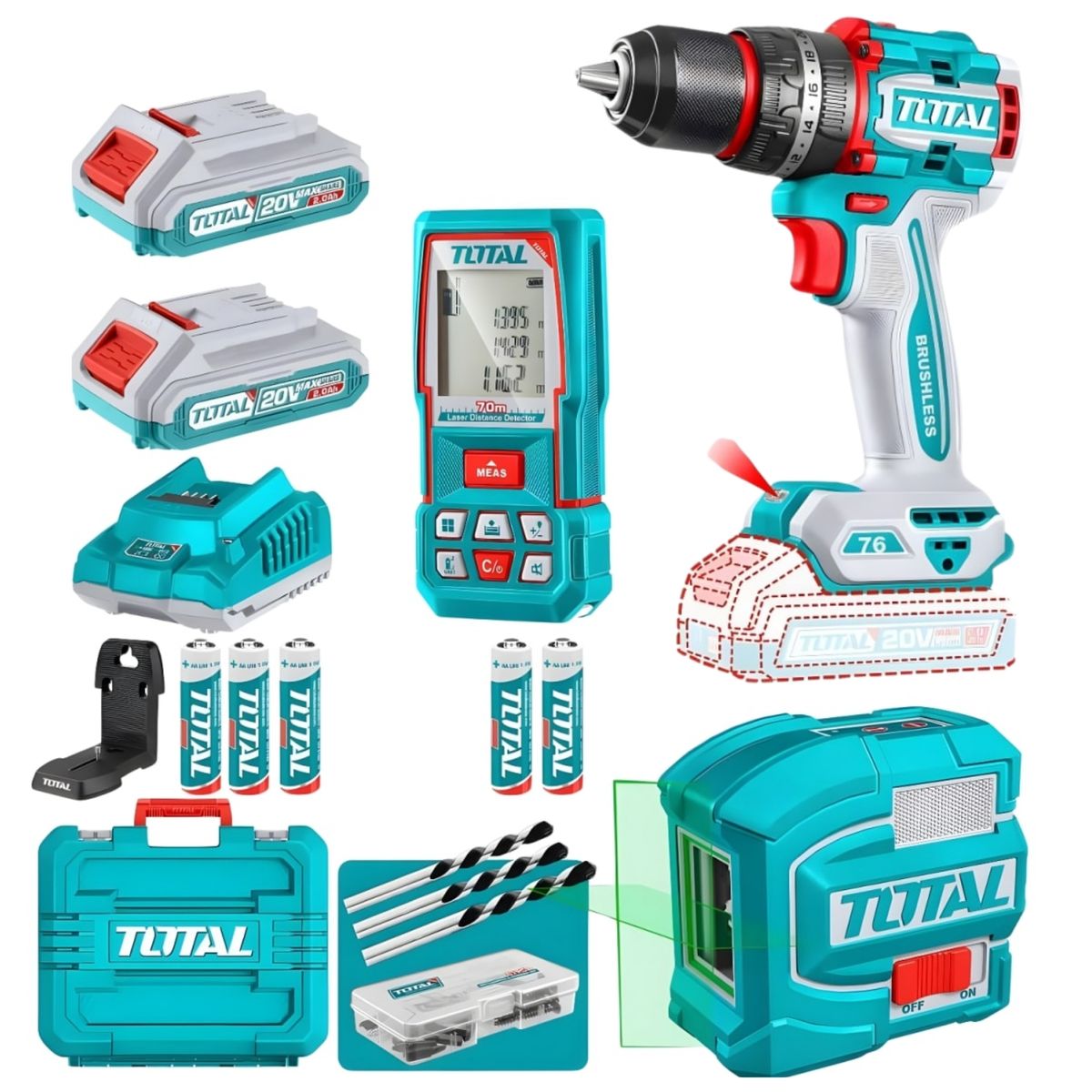 TOTAL - Combo Taladro percutor inalámbrico Brushless 76Nm + Nivel láser + Wincha Láser TOSLI250511