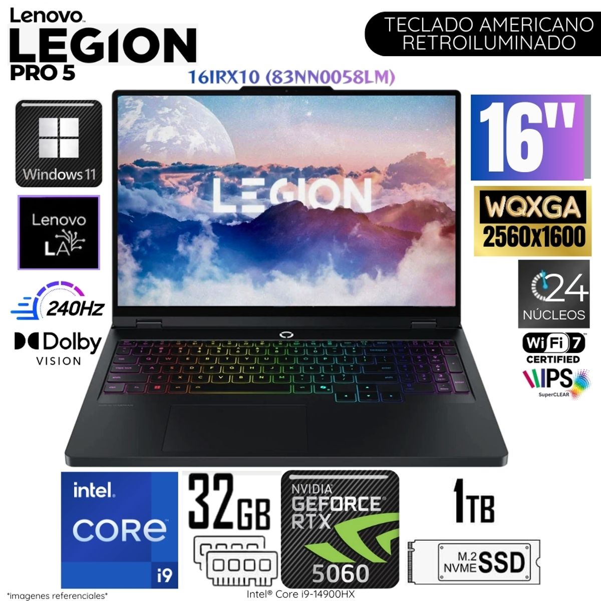 LENOVO - Laptop Lenovo Legion Pro 5 16IRX10 Intel Core i9 14900HX 32GB RAM 1TB SSD RTX 5060-8GB 16"  WQXGA