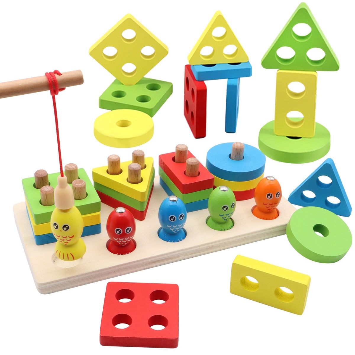 GENERICO - Juguetes Montessori Maderas 2 en 1 Juegos Educativos Apilador Geométrico con Pesca, Juguetes de Clasificar y Apilar