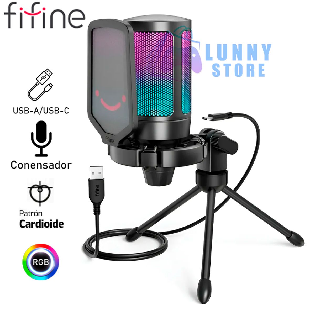 FIFINE - Micrófono Fifine Ampligame A6v Rgb Usb Cardioide - Black Color Negro