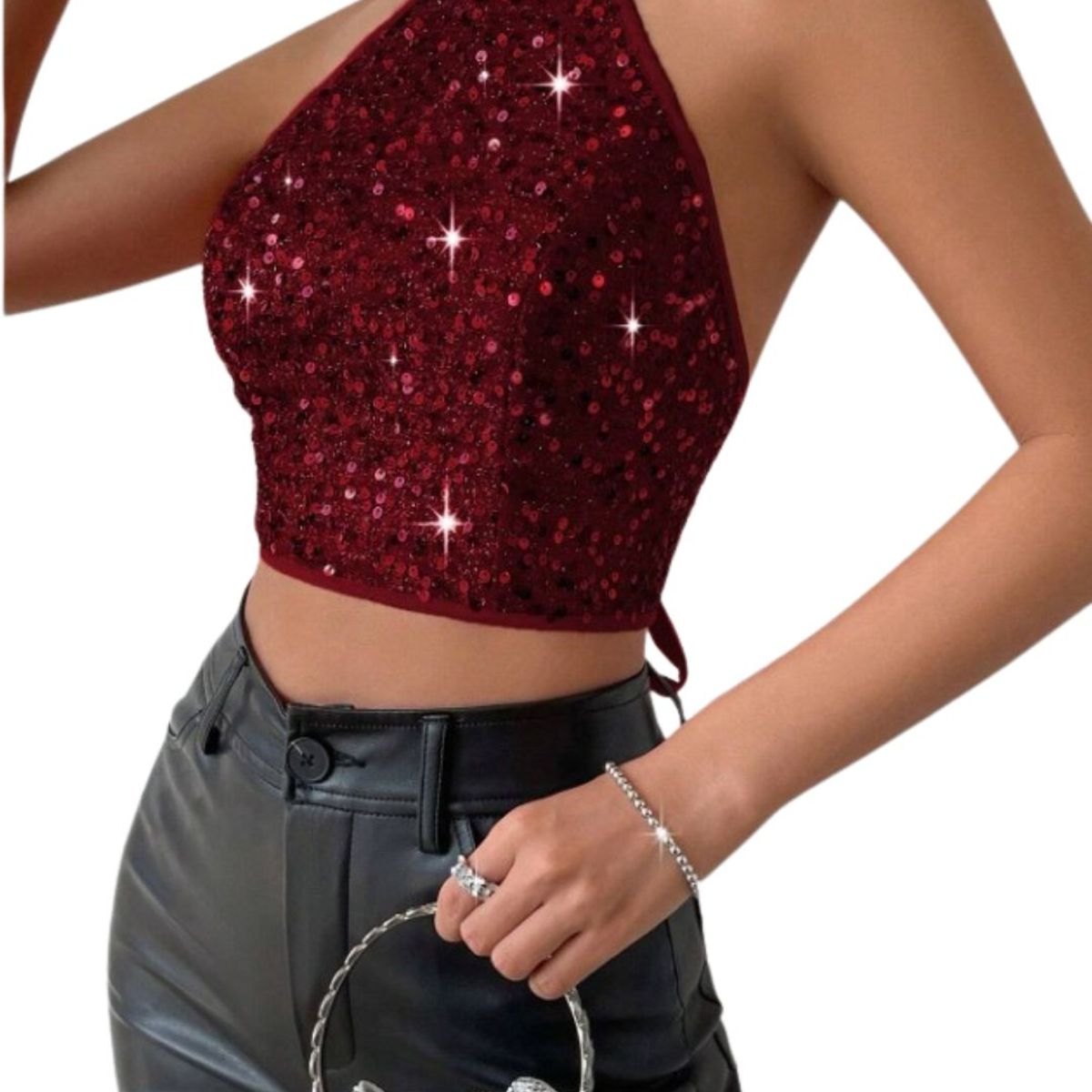 GENERICO - Top halter con espalda abierta y lentejuelas