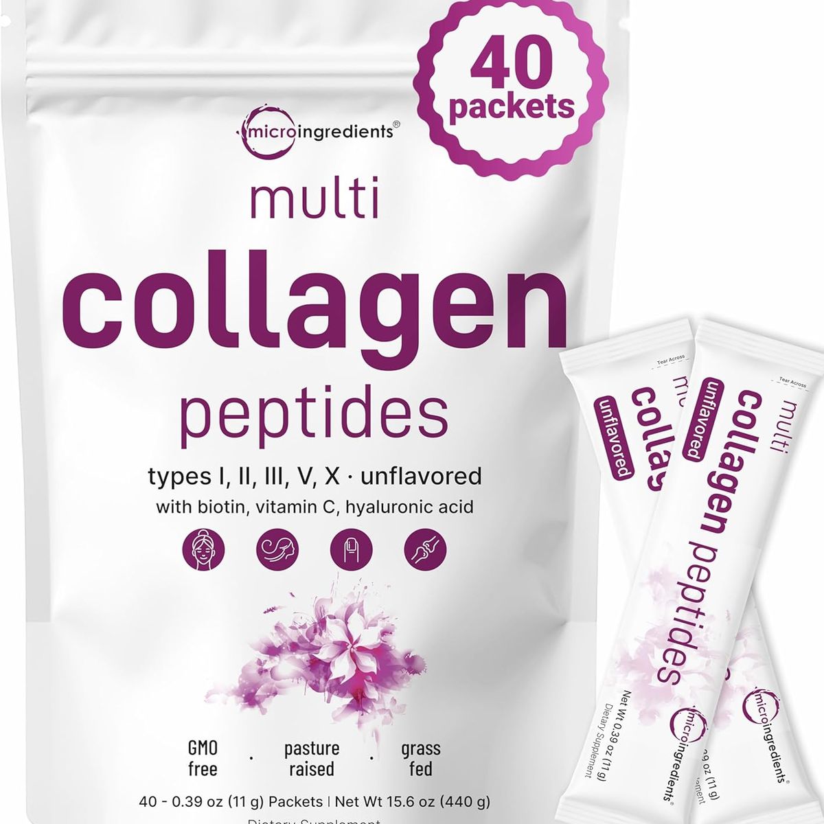 GENERICO - Micro Ingredients Polvo de péptidos de colágeno múltiple, 40 paquetes de barras
