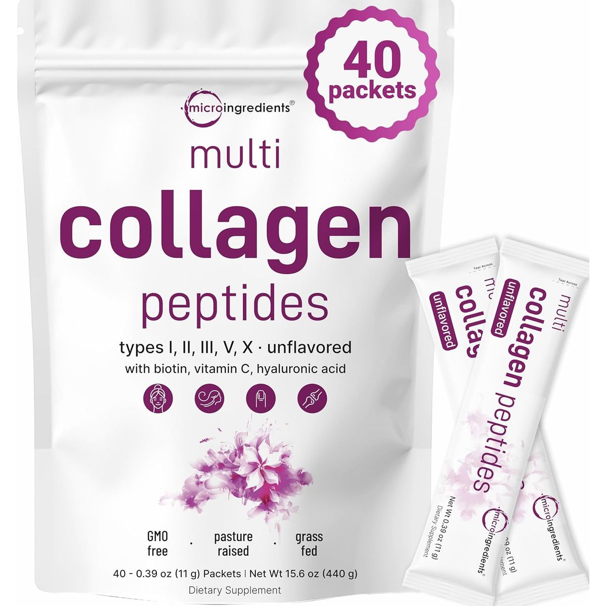 GENERICO - Micro Ingredients Polvo de péptidos de colágeno múltiple, 40 paquetes de barras
