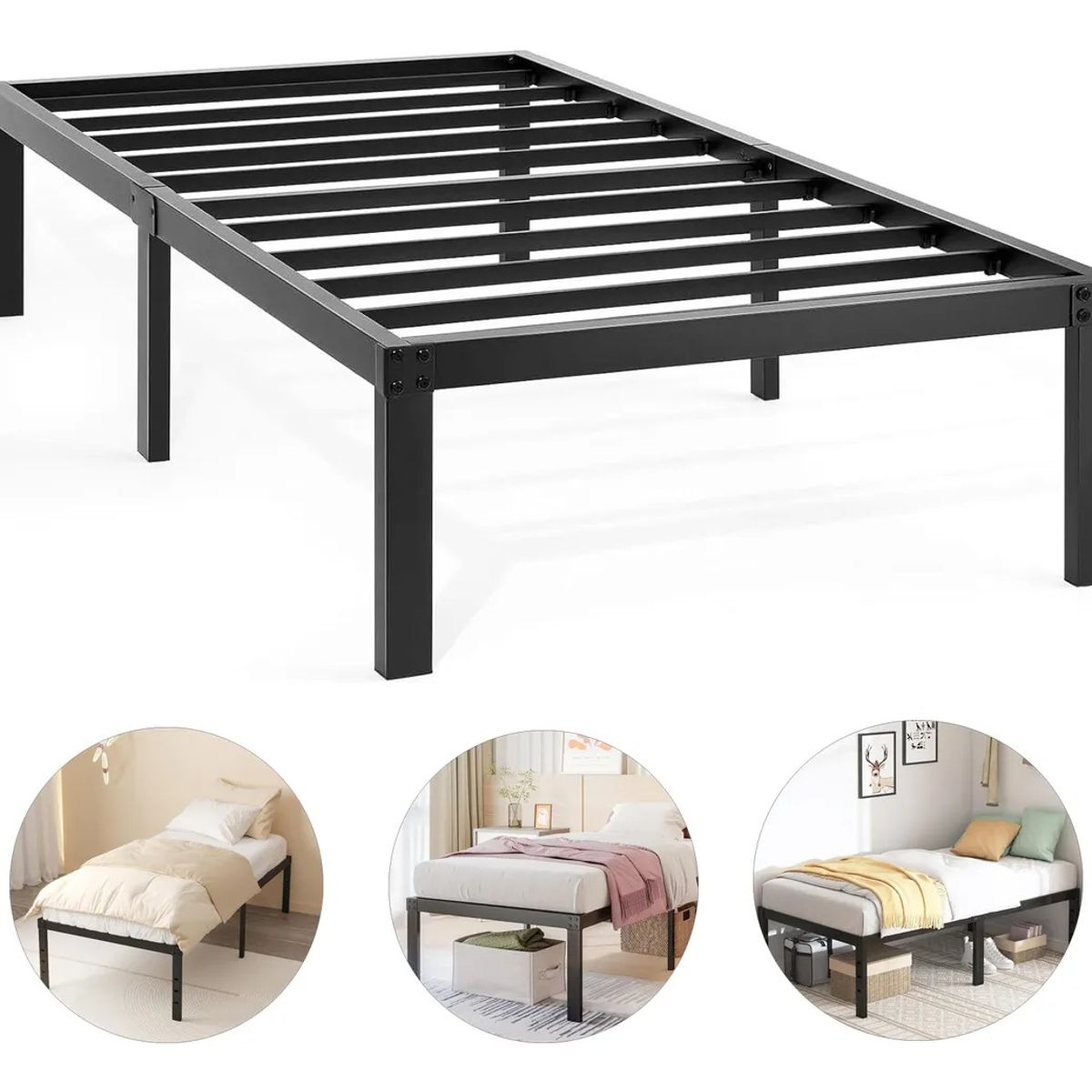 EVERSO - Base De Cama Individual 1 Plaza 190x90x35 Cm De Acero - Negro
