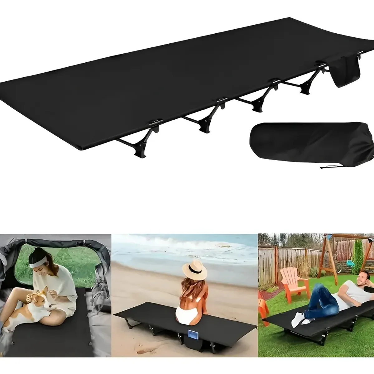 EVERSO - Portátil Catre Cama Campaña Camping Plegable + Bolsa Negro Negro