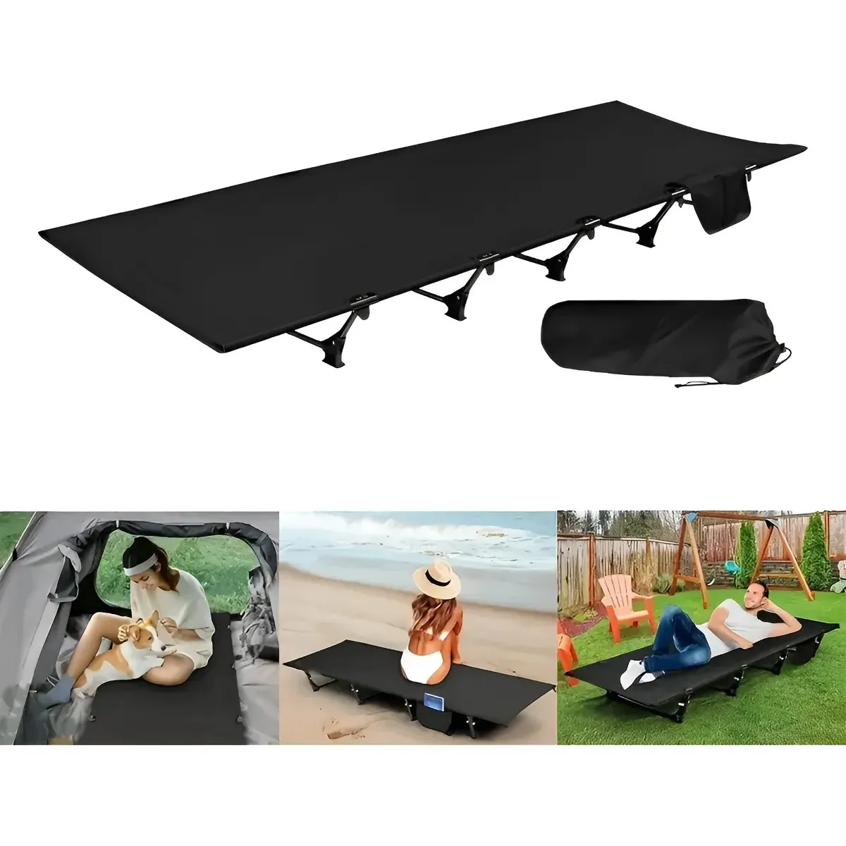 EVERSO - Portátil Catre Cama Campaña Camping Plegable + Bolsa Negro Negro