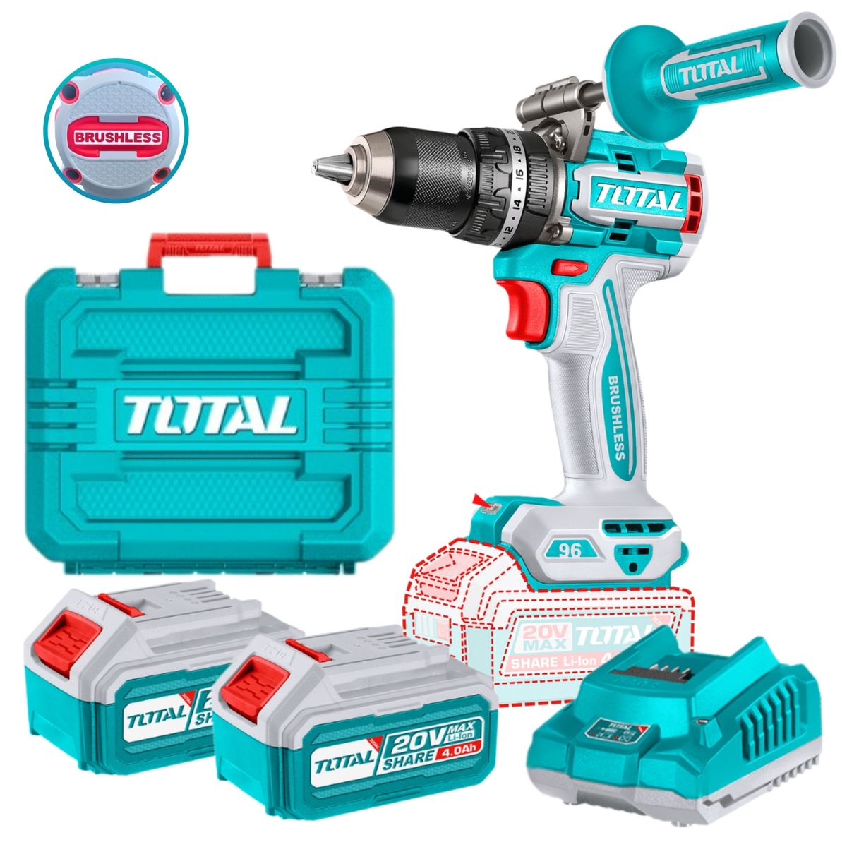 TOTAL - TALADRO PERCUTOR INALAMBRICO BRUSHLESS 96Nm 20V Chuck Metálico 13mm TIDLI209686 total
