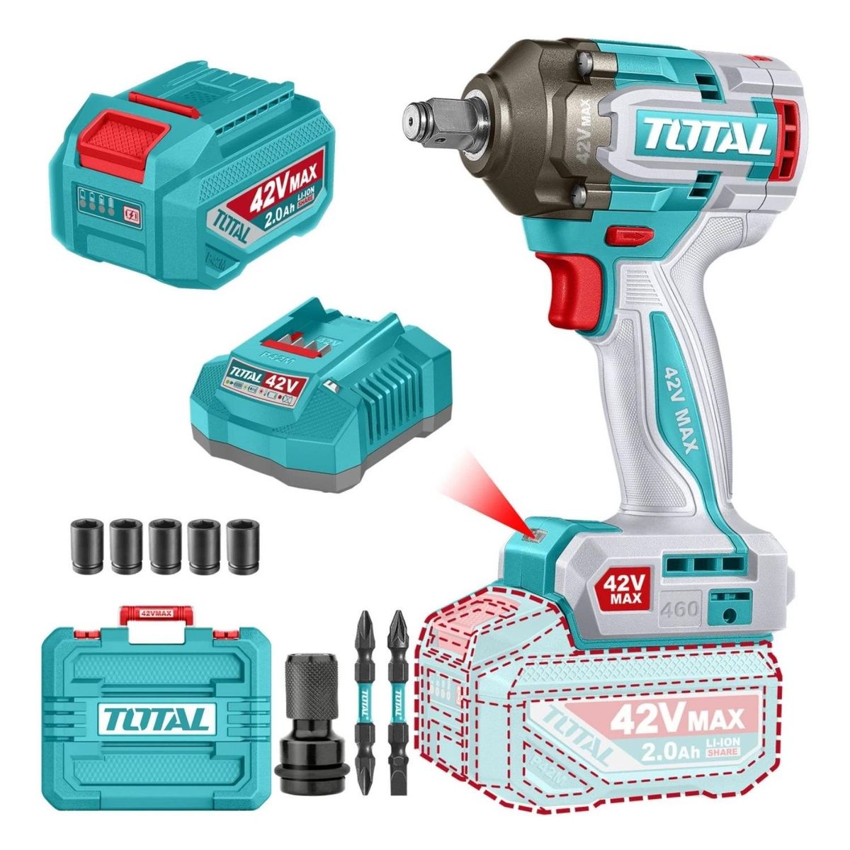 Llave de Impacto 12 460Nm + 1 Batería y Cargador 42v Total, marca Total Tools - Foto Principal